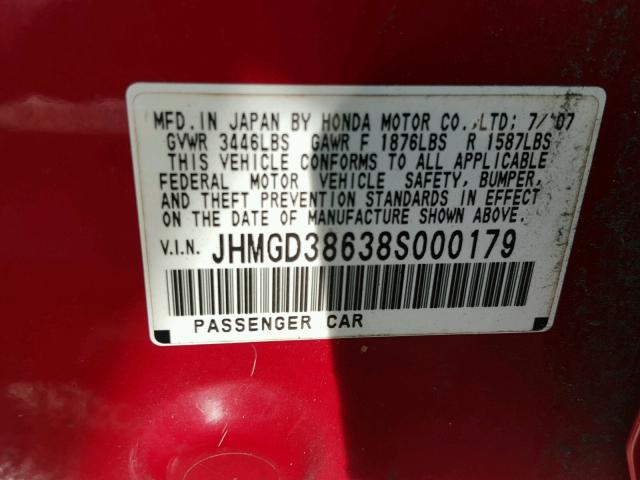 JHMGD38638S000179 - 2008 HONDA FIT SPORT RED photo 10