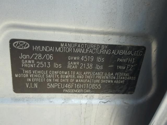 5NPEU46F16H110855 - 2006 HYUNDAI SONATA GLS BLUE photo 10