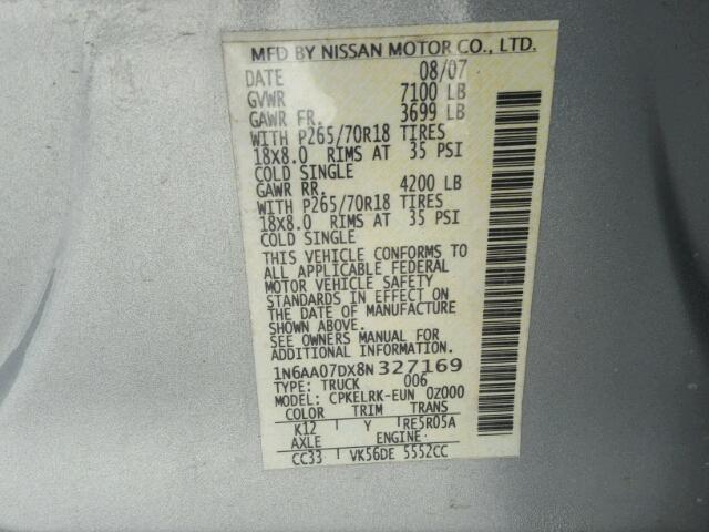 1N6AA07DX8N327169 - 2008 NISSAN TITAN XE SILVER photo 10