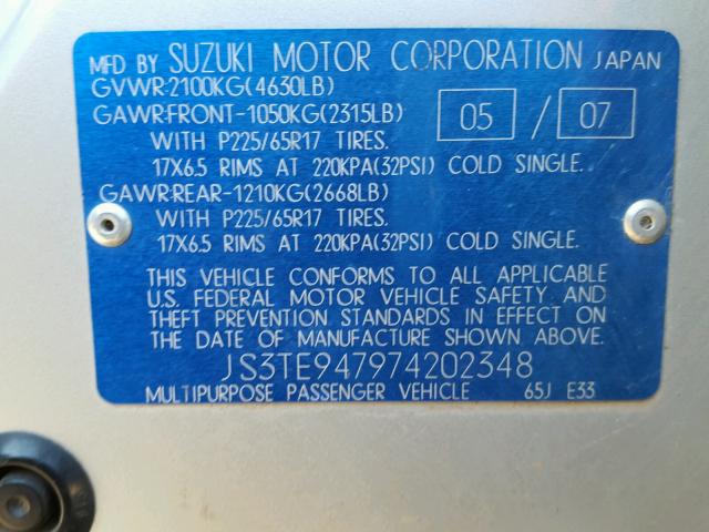 JS3TE947974202348 - 2007 SUZUKI GRAND VITA SILVER photo 10