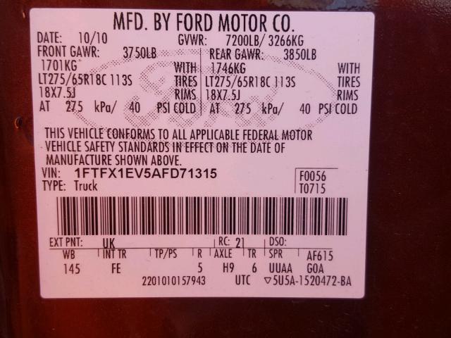 1FTFX1EV5AFD71315 - 2010 FORD F150 SUPER MAROON photo 10