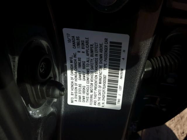 2HGFC2F70JH505567 - 2018 HONDA CIVIC EX GRAY photo 10