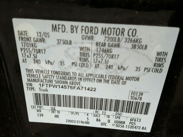 1FTPW14576FA71422 - 2006 FORD F150 SUPER BLUE photo 10