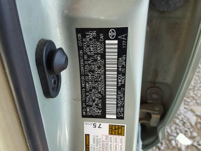 JTDKB20U987809100 - 2008 TOYOTA PRIUS GREEN photo 10