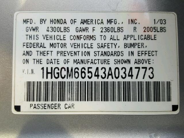 1HGCM66543A034773 - 2003 HONDA ACCORD EX SILVER photo 10