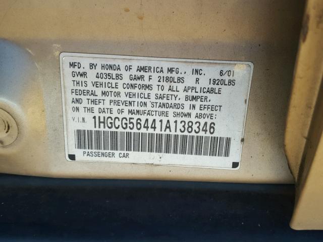 1HGCG56441A138346 - 2001 HONDA ACCORD LX TAN photo 10