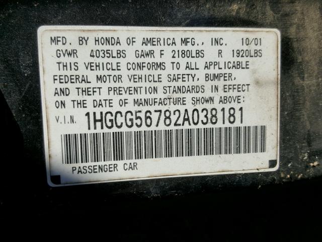 1HGCG56782A038181 - 2002 HONDA ACCORD SE BLACK photo 10