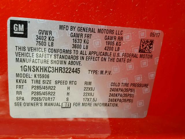 1GNSKHKC3HR322445 - 2017 CHEVROLET SUBURBAN K RED photo 10