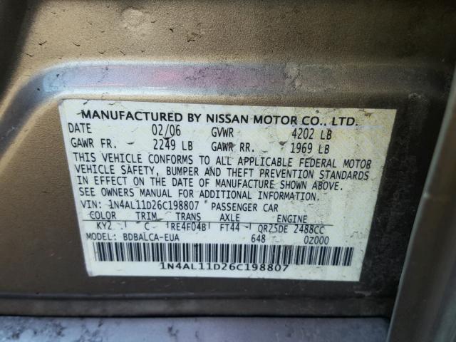 1N4AL11D26C198807 - 2006 NISSAN ALTIMA S GRAY photo 10