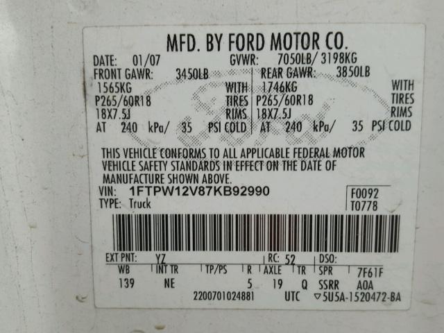 1FTPW12V87KB92990 - 2007 FORD F150 SUPER WHITE photo 10