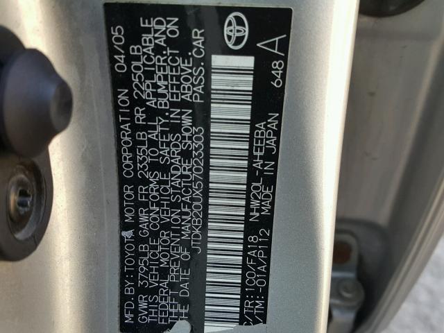 JTDKB20UX57023303 - 2005 TOYOTA PRIUS SILVER photo 10