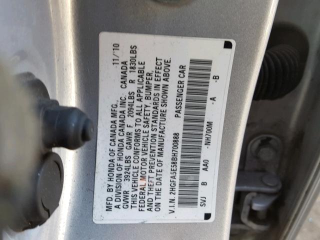 2HGFA5E58BH700888 - 2011 HONDA CIVIC SI SILVER photo 10