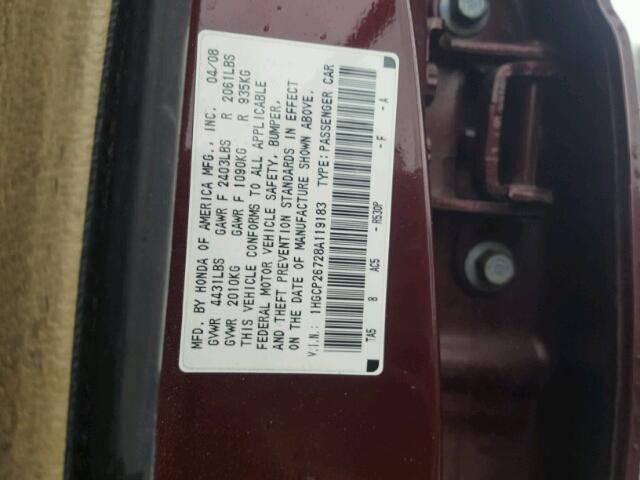 1HGCP26728A119183 - 2008 HONDA ACCORD EX BURGUNDY photo 10