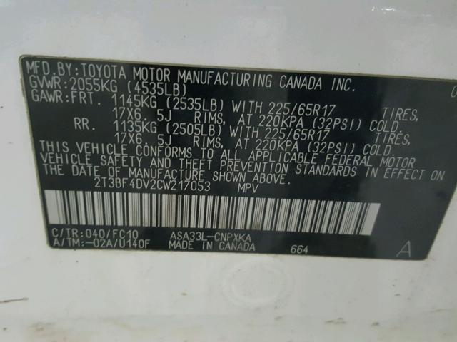 2T3BF4DV2CW217053 - 2012 TOYOTA RAV4 WHITE photo 10