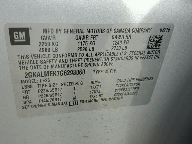 2GKALMEK7G6293060 - 2016 GMC TERRAIN SL SILVER photo 10