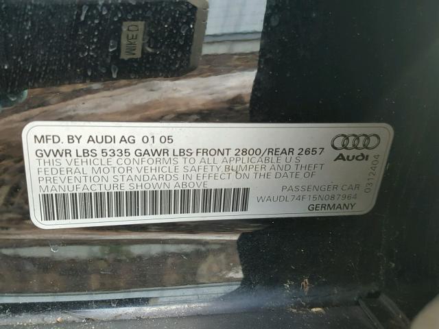 WAUDL74F15N087964 - 2005 AUDI A6 4.2 QUA BLACK photo 10