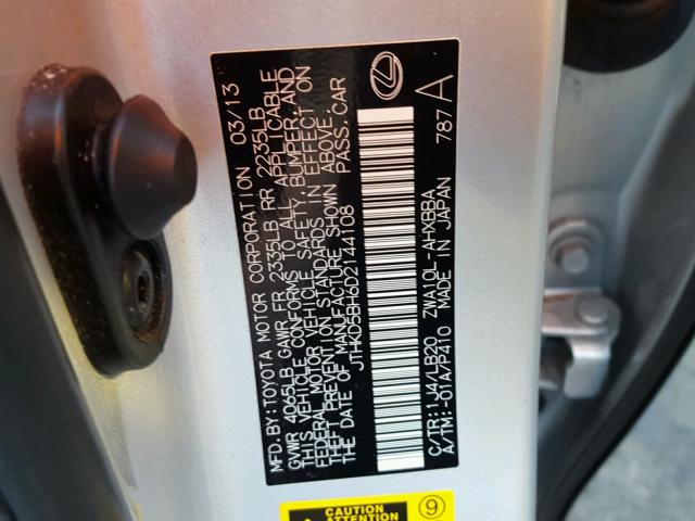 JTHKD5BH6D2144108 - 2013 LEXUS CT 200 SILVER photo 10