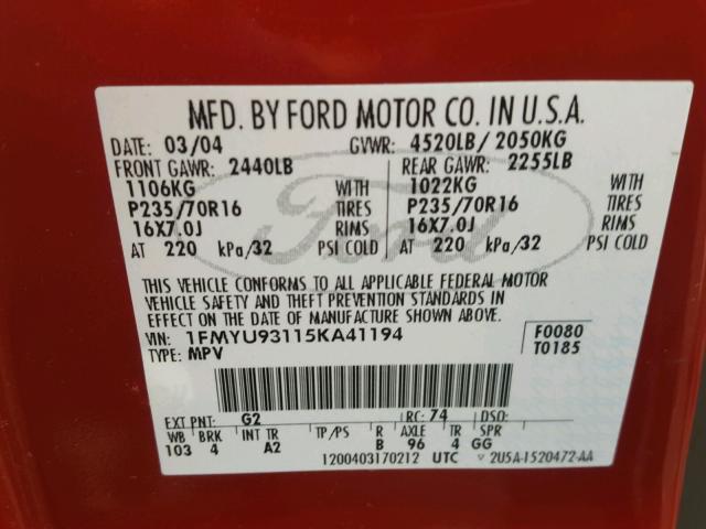 1FMYU93115KA41194 - 2005 FORD ESCAPE XLT RED photo 10