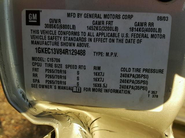 1GKEC13V84R129488 - 2004 GMC YUKON SILVER photo 10