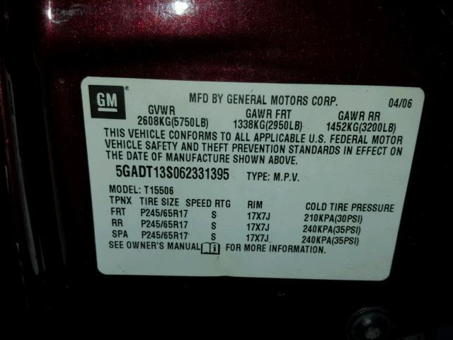 5GADT13S062331395 - 2006 BUICK RAINIER CX MAROON photo 10