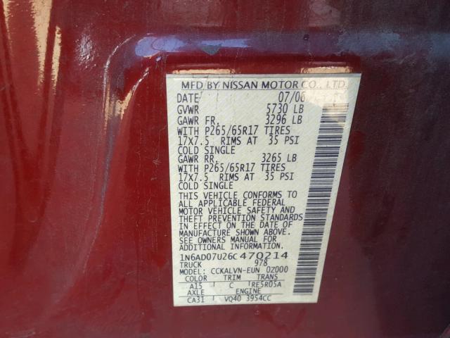 1N6AD07U26C470214 - 2006 NISSAN FRONTIER C RED photo 10