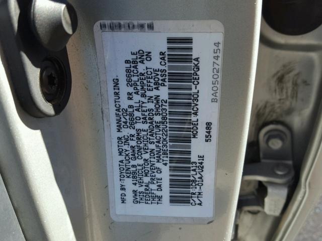 4T1BE30K22U580372 - 2002 TOYOTA CAMRY LE SILVER photo 10
