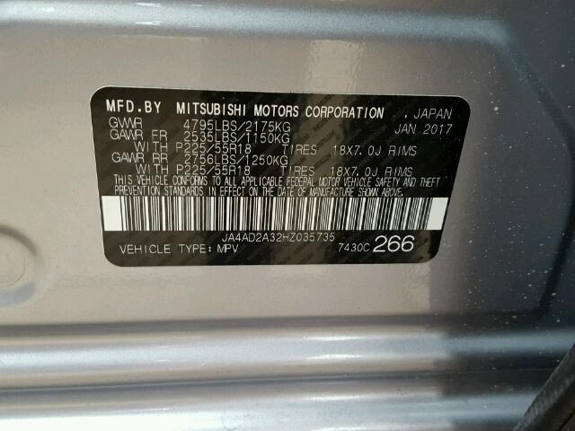 JA4AD2A32HZ035735 - 2017 MITSUBISHI OUTLANDER SILVER photo 10