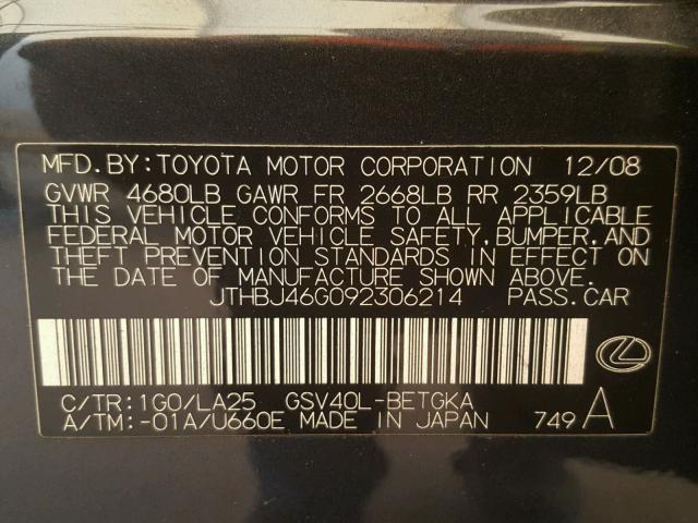 JTHBJ46G092306214 - 2009 LEXUS ES 350 GRAY photo 10