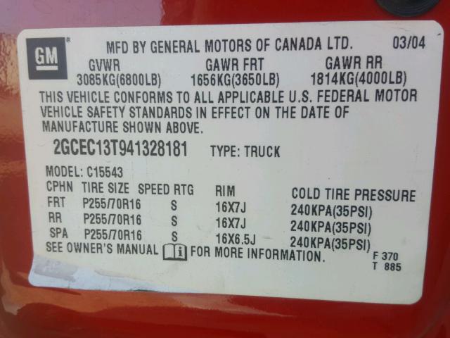 2GCEC13T941328181 - 2004 CHEVROLET SILVERADO RED photo 10