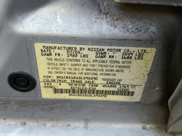 3N1CB51D15L595590 - 2005 NISSAN SENTRA 1.8 SILVER photo 10