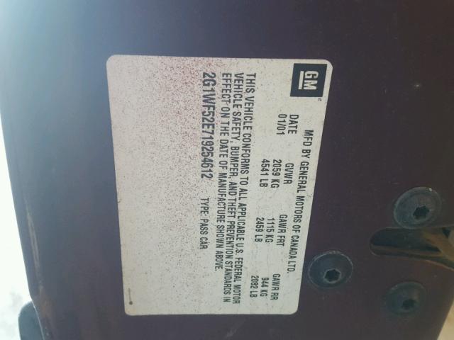 2G1WF52E719254612 - 2001 CHEVROLET IMPALA 勃艮第红 照片 10