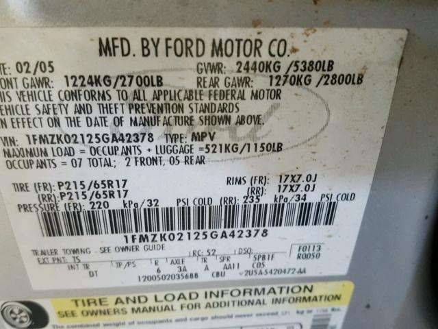 1FMZK02125GA42378 - 2005 FORD FREESTYLE SILVER photo 10