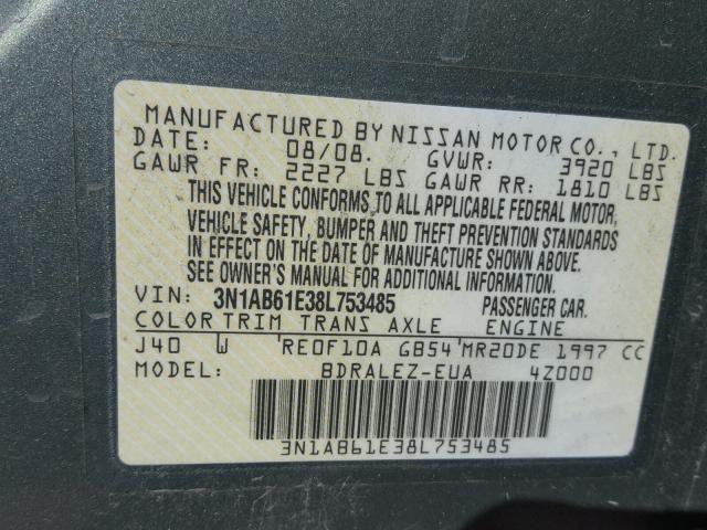 3N1AB61E38L753485 - 2008 NISSAN SENTRA 2.0 GREEN photo 10