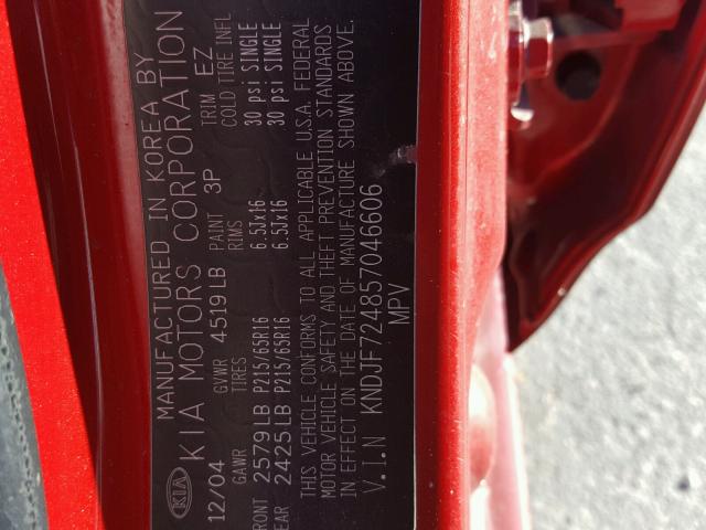 KNDJF724857046606 - 2005 KIA NEW SPORTA RED photo 10