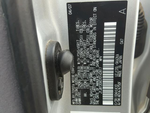 JTJBT20X070142817 - 2007 LEXUS GX 470 SILVER photo 10