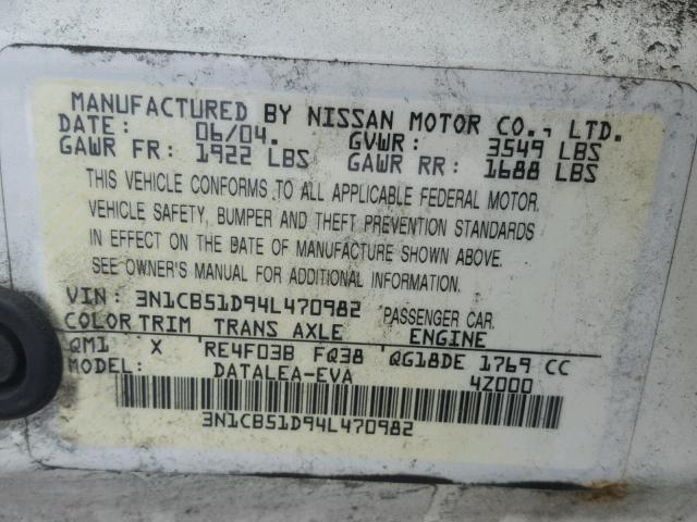 3N1CB51D94L470982 - 2004 NISSAN SENTRA 1.8 WHITE photo 10