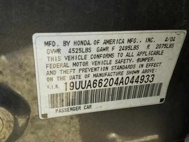 19UUA66204A044933 - 2004 ACURA TL GRAY photo 10