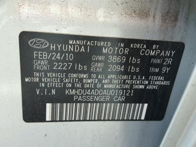 KMHDU4AD0AU019121 - 2010 HYUNDAI ELANTRA BL SILVER photo 10