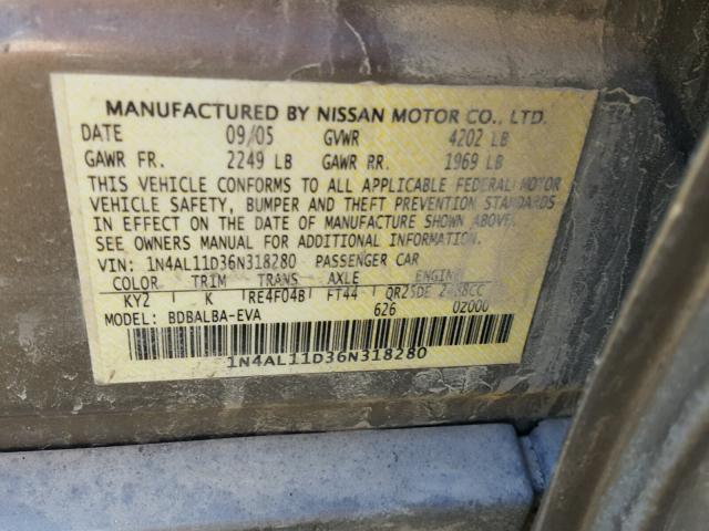 1N4AL11D36N318280 - 2006 NISSAN ALTIMA S GOLD photo 10