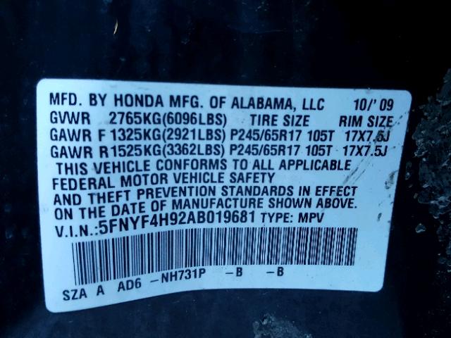 5FNYF4H92AB019681 - 2010 HONDA PILOT TOUR BLACK photo 10