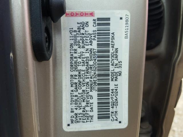 JTDBE32K620045957 - 2002 TOYOTA CAMRY LE GOLD photo 10