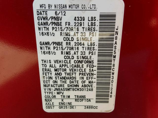 JN8AS5MT8CW301248 - 2012 NISSAN ROGUE S RED photo 10