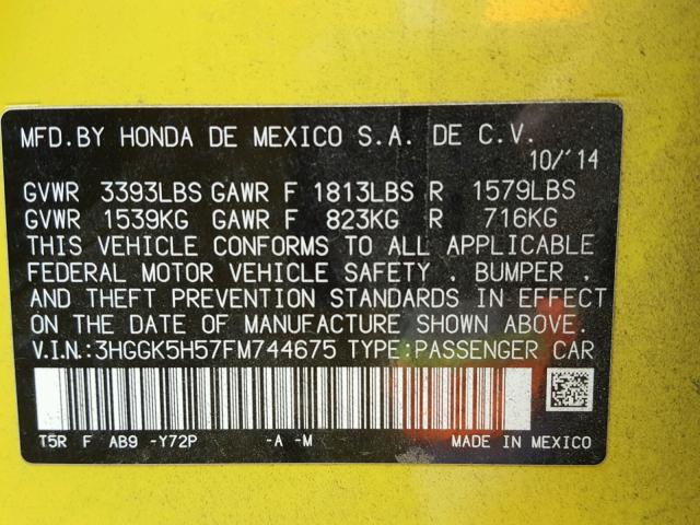 3HGGK5H57FM744675 - 2015 HONDA FIT LX Jaune photo 10