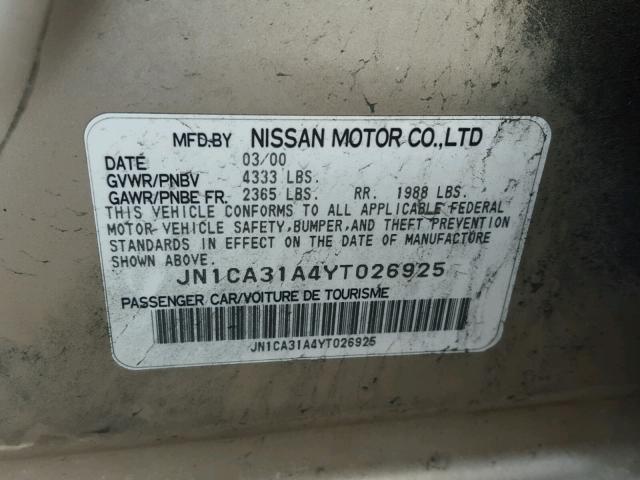 JN1CA31A4YT026925 - 2000 NISSAN MAXIMA GLE TAN photo 10