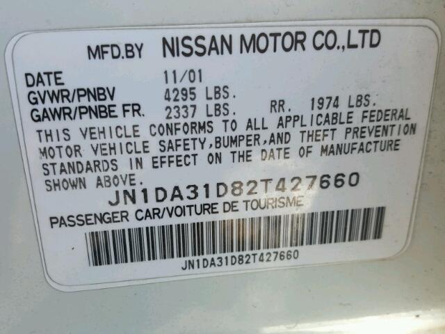 JN1DA31D82T427660 - 2002 NISSAN MAXIMA GLE WHITE photo 10