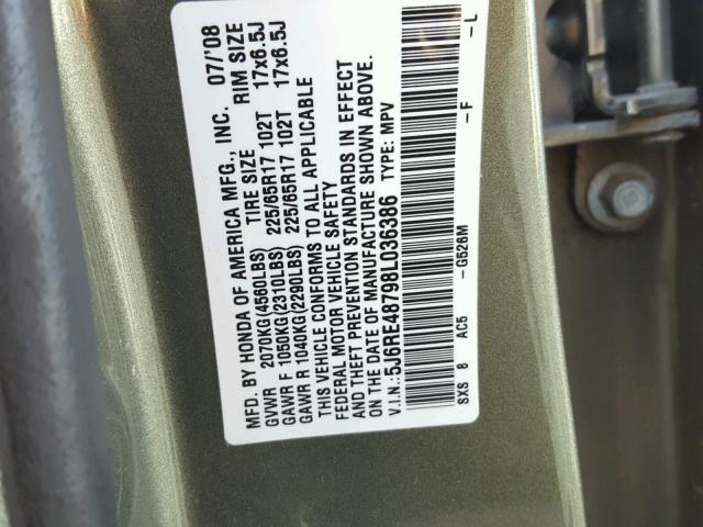 5J6RE48798L036386 - 2008 HONDA CR-V EXL GREEN photo 10