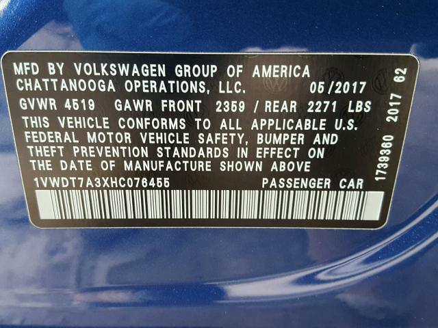 1VWDT7A3XHC076455 - 2017 VOLKSWAGEN PASSAT R-L 蓝色 照片 10