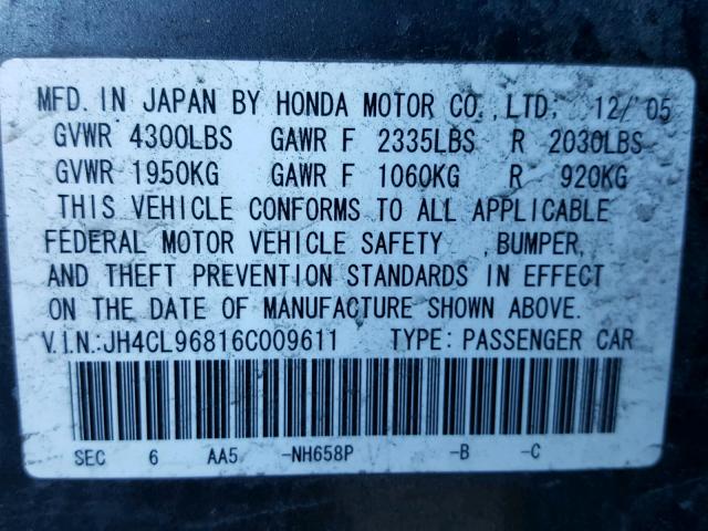 JH4CL96816C009611 - 2006 ACURA TSX GRAY photo 10