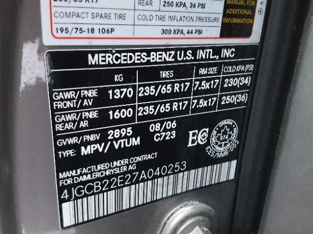 4JGCB22E27A040253 - 2007 MERCEDES-BENZ R 320 CDI SILVER photo 10