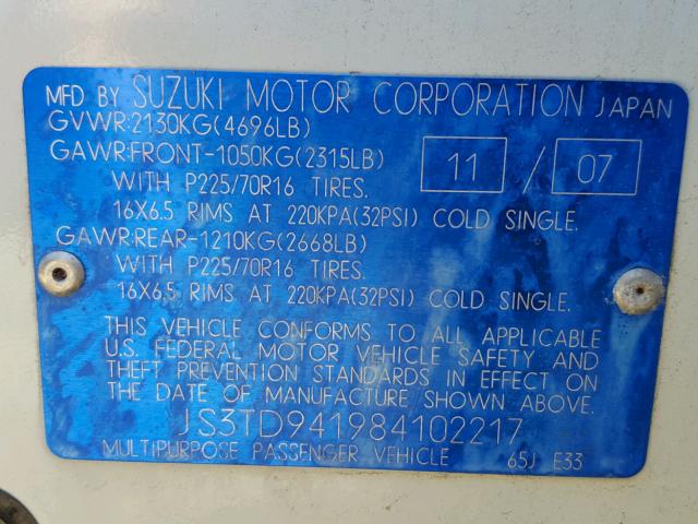 JS3TD941984102217 - 2008 SUZUKI GRAND VITA WHITE photo 10